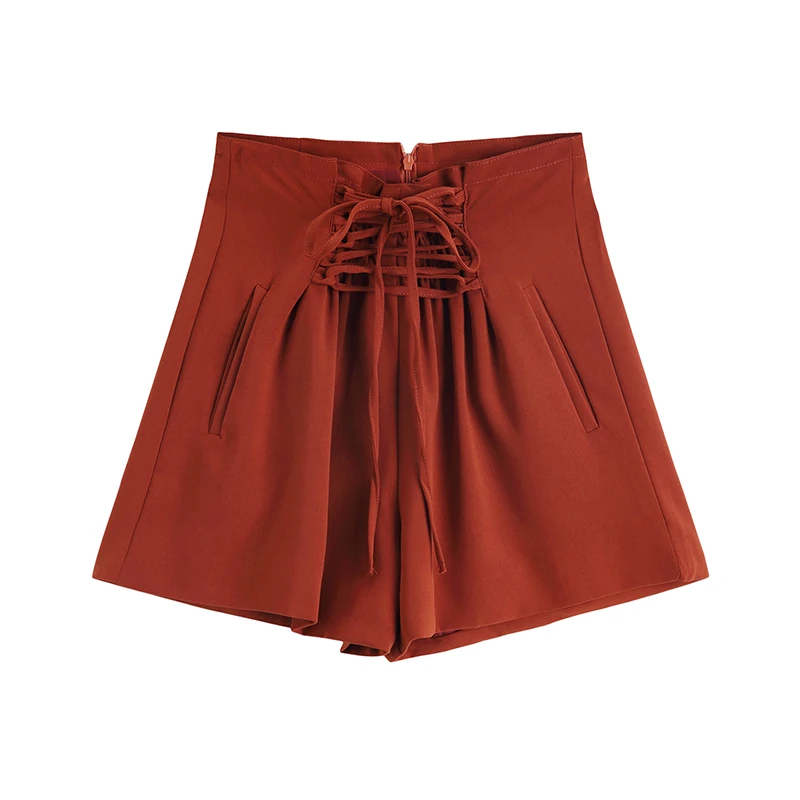 

Elegant Lace-up High Waist Shorts Female Bottoms Wears Pockets Summer Beach Boho Shorts Women Slim Trousers Office Lady Wear