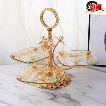 

Light luxury creative hand drawing gold home living room hotel coffee table multi-layer European toughened glass fruit
