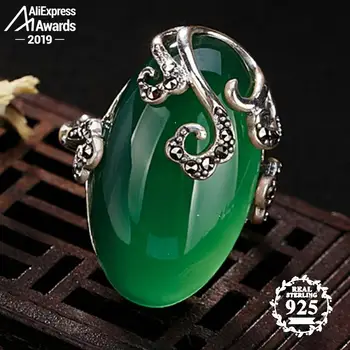 

S925 Antique shop Rings Big Oval Emerald Rings Art Taste Women Handmade Vintage Natural Chalcedony moldavite peridot