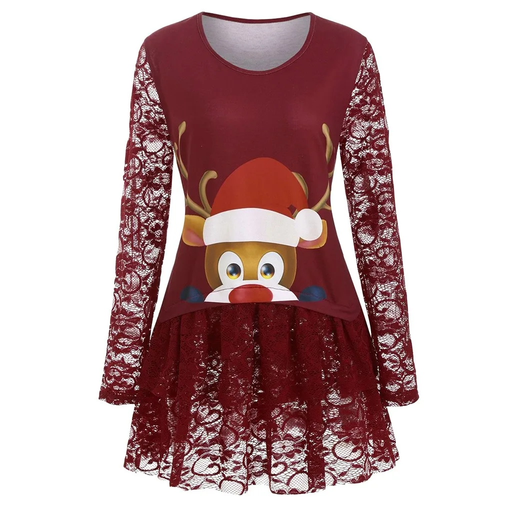 

Womens Tops And Blouses 2019 Fashion Women Christmas Santa Claus Print Lace Tunic Tee Shirt Casual Womens Long Sleeve Top Blouse