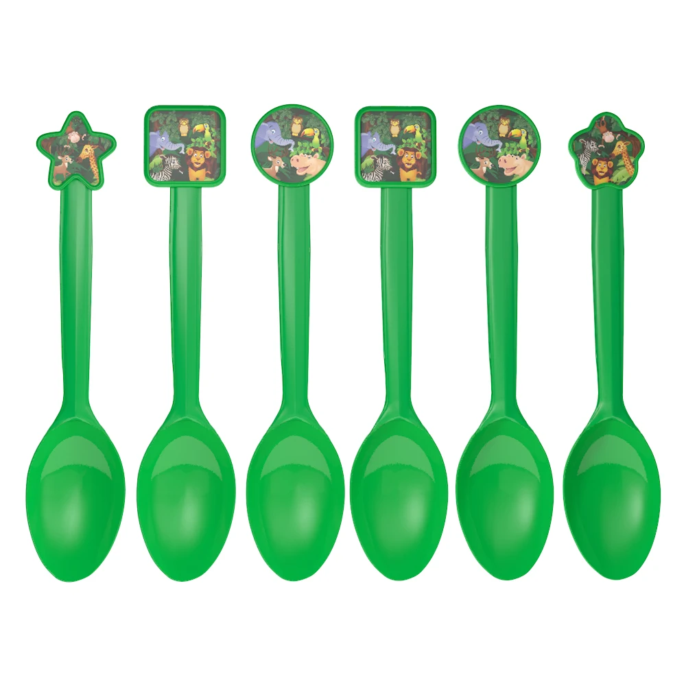 Spoons-6pcs Милые животные джунгли вечерние тарелки салфетки чашки Лев вечерние флаг набор посуды для детей с днем рождения - Цвет: Spoons-6pcs