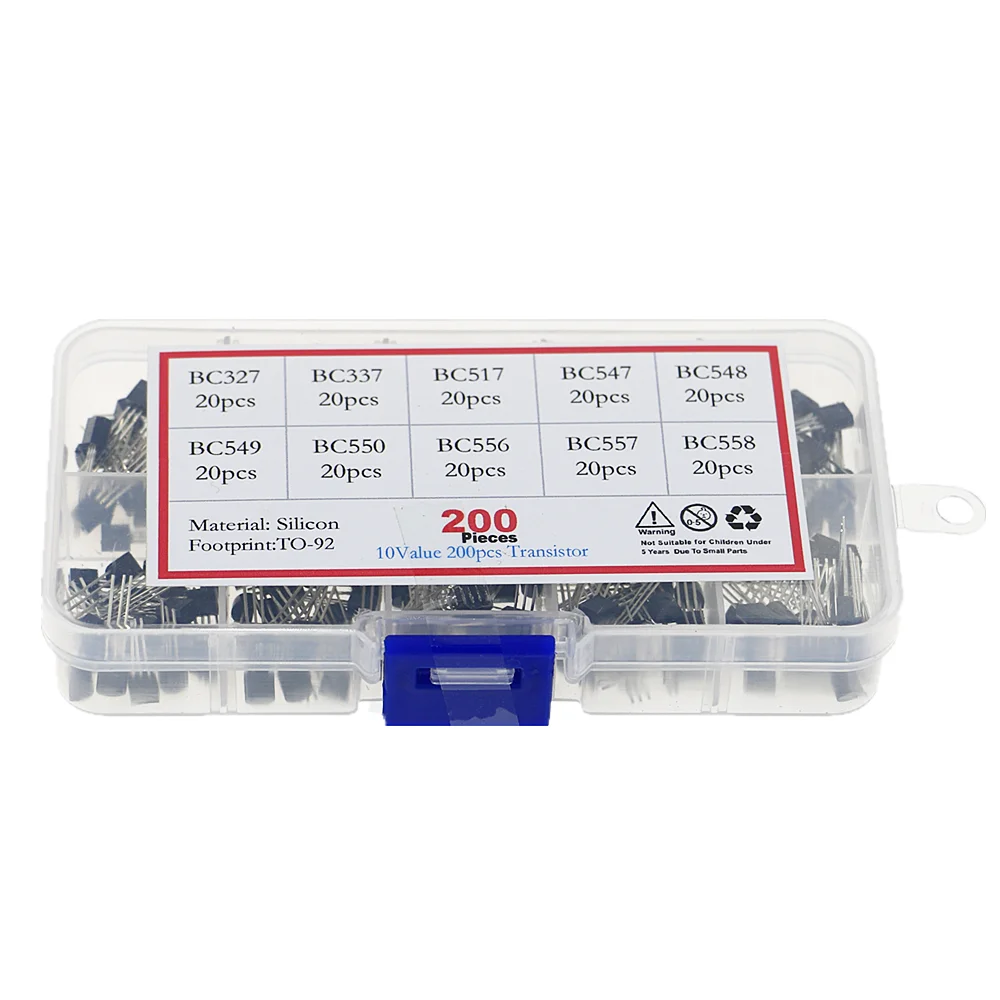 200pcs 10 Values 20 Each TO-92 Transistor Assortment Assorted Kit BC327 BC337 BC517 BC547 BC548 BC549 BC550 BC556 BC557 BC558