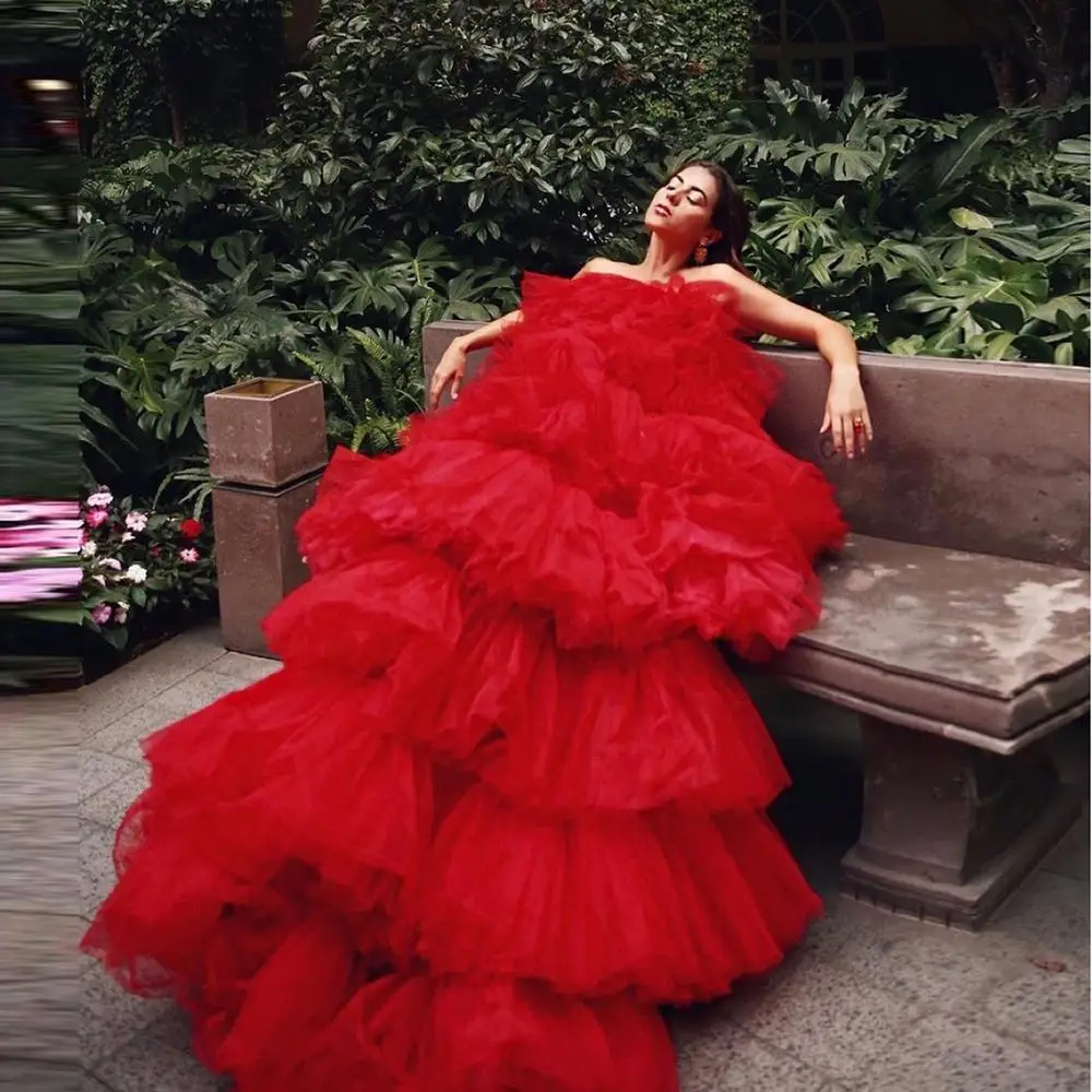 Bright Red Extra Puffy Ruffle Tulle Dresses Long