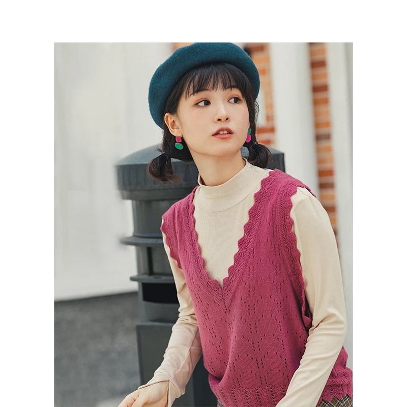 INMAN Spring Autumn Literary Solid V-neck Lace Knitted Women Vest |
