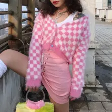

Women’s Check Cardigan Pink & White Mohair Long Sleeve Heart-Shape Button Up Cropped Knit Sweaters e-Girl Outfit /