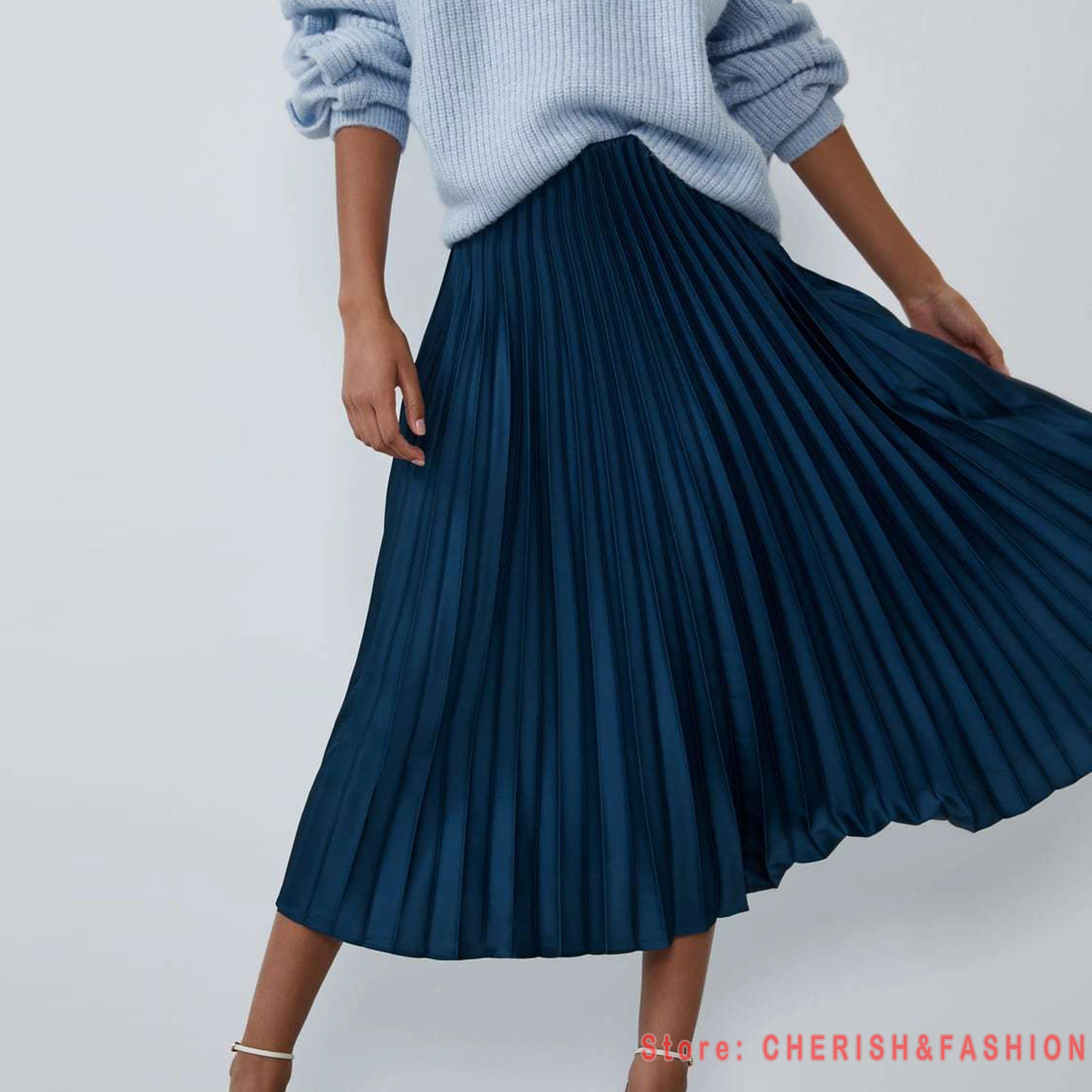 Новое поступление, женские модные длинные плиссированные юбки длиной до щиколотки, Женская винтажная юбка с завышенной талией на весну, лето, осень, зеленая, синяя