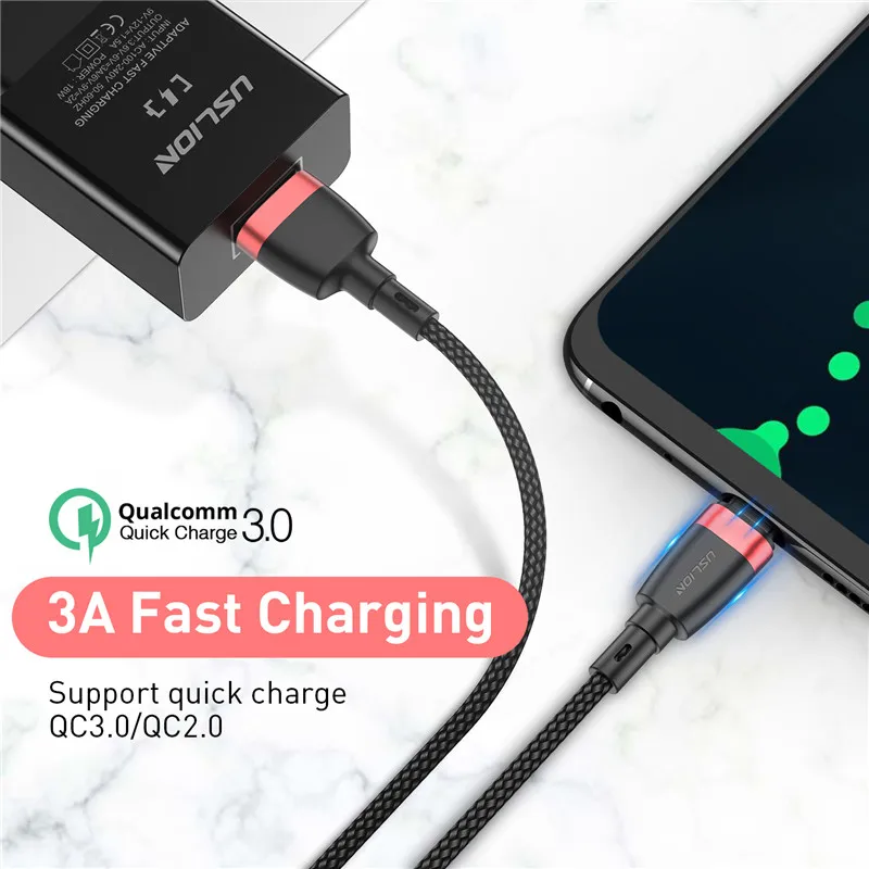 USLION 2m 1m 3A кабель usb type C Быстрая зарядка QC3.0 USB C кабель для мобильного телефона для устройств usb type-C зарядное устройство для Xiaomi huawei