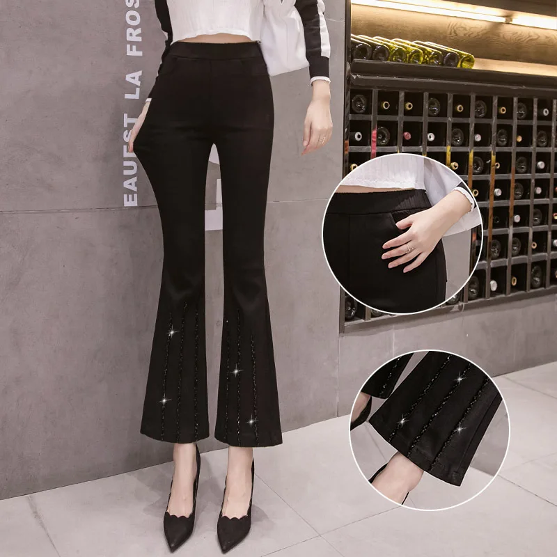 

2019 Set Knitted Long Sleeve Women's + Industrial Beads Sequin Elasticity Slim Fit Slimming Black Ankle-length Micro Bell-bottom