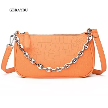 

Ladies Messenger Bag Chains Fashion Girl Handbag High-grade Pu Leather Shoulder Bag Orange Stone Pattern Bag Women