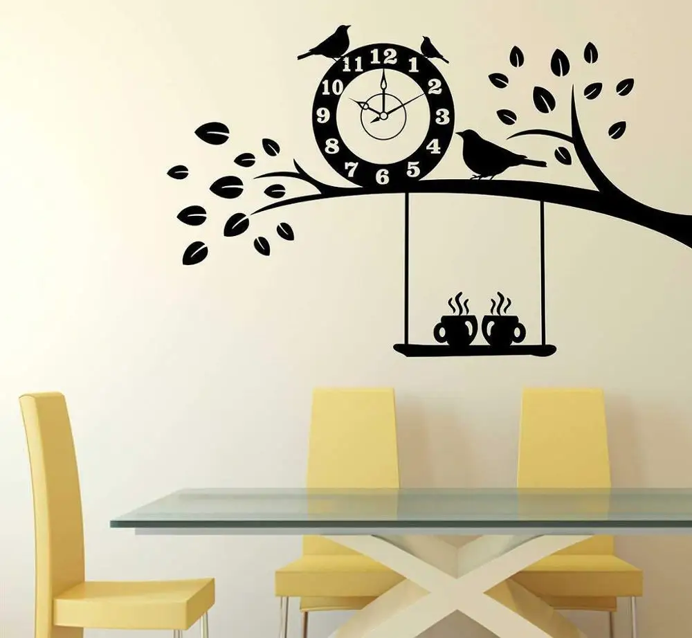 Albero Con Caffè Cafe Adesivo Murale Vinile Tempo Uccello Albero Cafe Decor Adesivi Murali Camera Rimovibile Decorazione Decalcomania Carta Da Parati 
