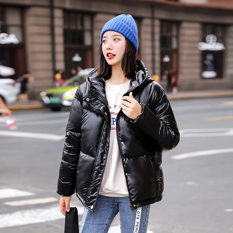 Модная зимняя Глянцевая пуховая хлопковая парка Женская водонепроницаемая куртка большой размер свободные зимние теплые толстые блестящие Серебристые куртки