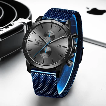

2020 New LIGE Blue Casual Mesh Belt Fashion Quartz Gold Watch Mens Watches Top Brand Luxury Waterproof Clock Relogio Masculino