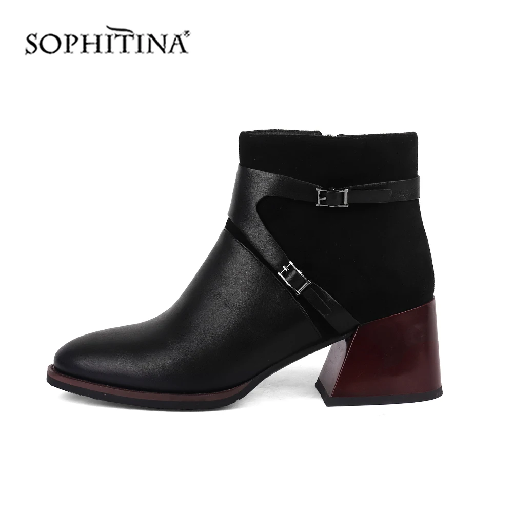 SOPHITINA Comfortable Buckle Boots Square Heel Round Toe Zipper Handmade Round Toe Fashion Shoes New Ankle Women's Boots BY141