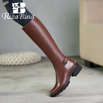 

RIZABINA New Women Knee High Boots Real Leather Buckle Women Winter Long Boots Fashion Cool Women Shoes Footwear Size 34-39