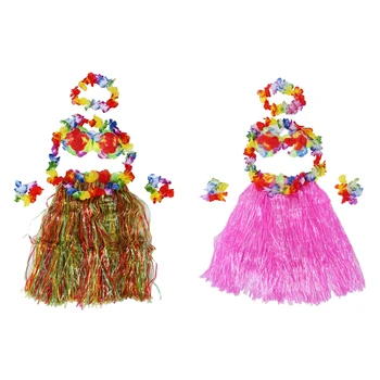 

12x Hawaiian Grass Skirt Flower Hula Lei Wristband Garland Fancy Dress Costume