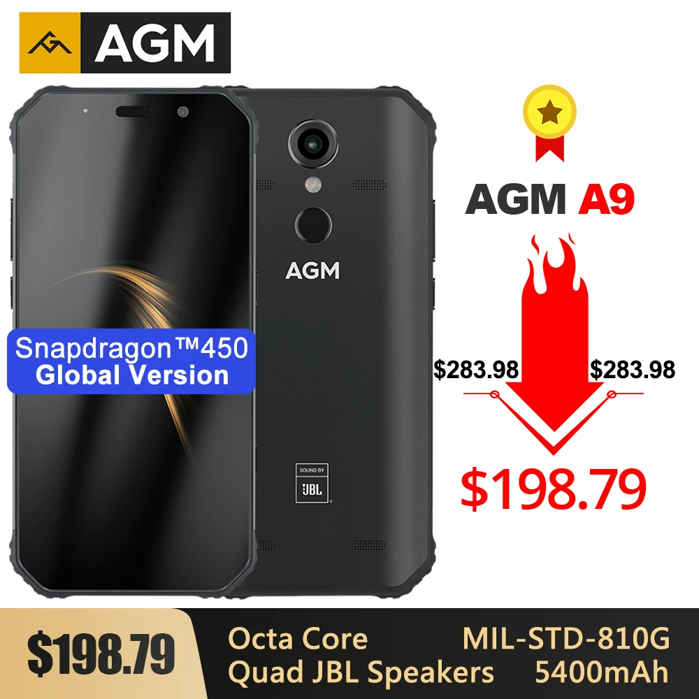 Agm a9 smartphone áspero 5.99 "fhd + 5400 mah carga rápida 3.0 4g 64g 32g ip68 impermeável telefone android 8.1 quad box alto falantes nfc