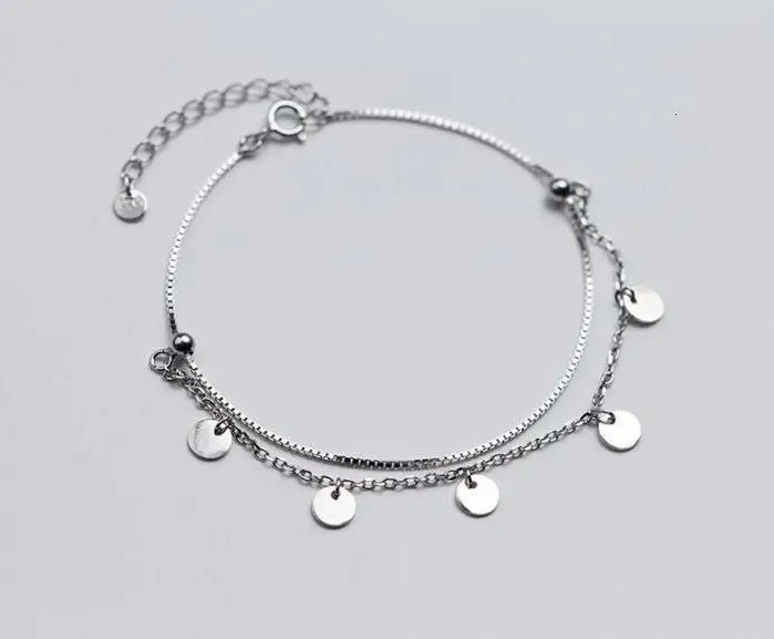 

REAL. Authentic 925 Sterling Silver Jewelry Multi-Rows/ Double Layers Disc Coin chain Bracelet Tassel Bohi GTLS843