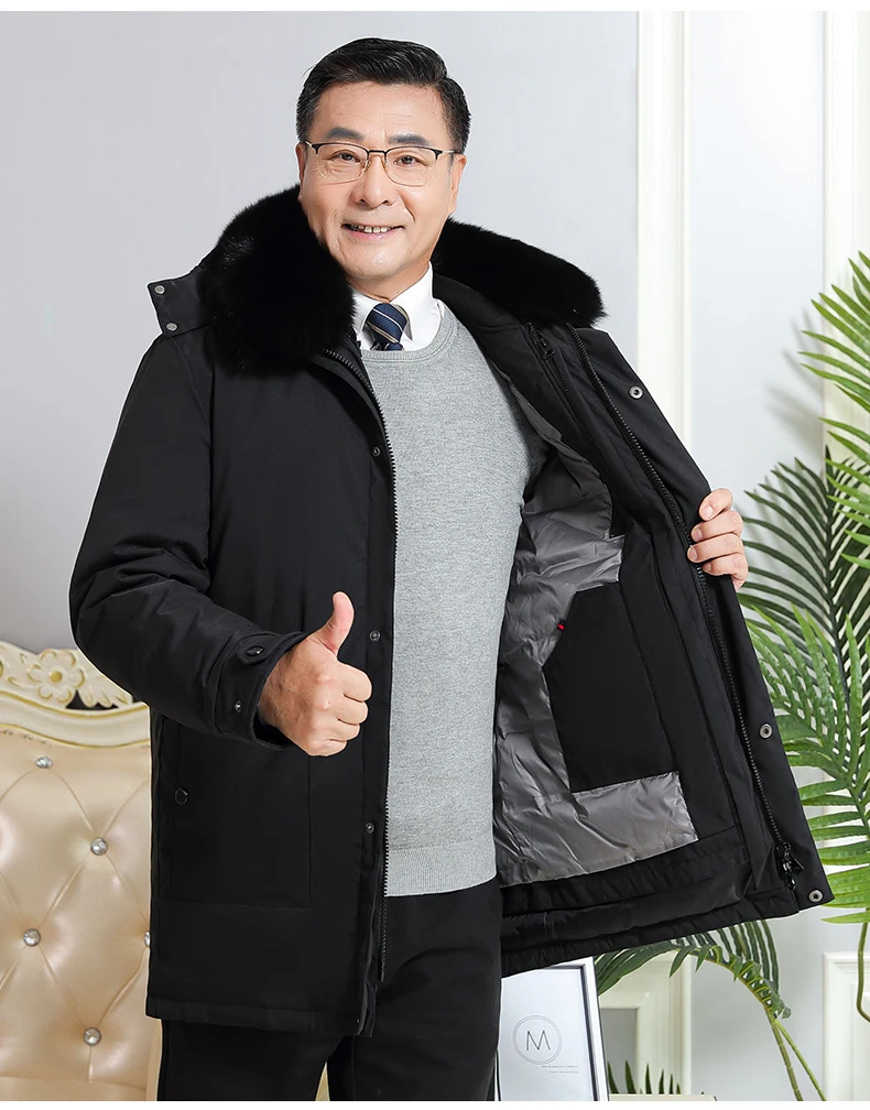 long puffer jacket Real Fur Collarr Winter Middle-aged Men Down Jacket Warm Liner Detachable 90% White Duck Down Men Coat Winter Thick Brand Prakas black puffer