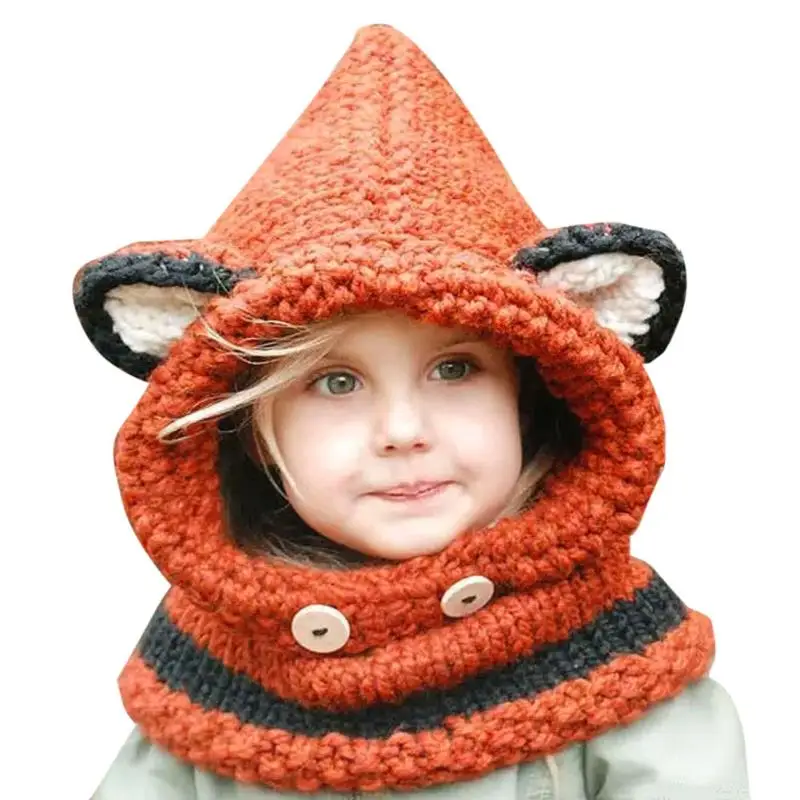 Шапки, дизайн, кавайные кошачьи ушки, детские трикотажные шапки с шарфом, зимние ветрозащитные детские шапки с лисой для детей, шапочки, шапки - Цвет: 02