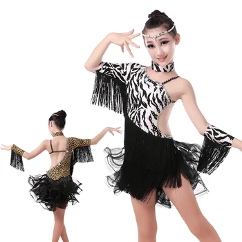 

Free Shipping Girls Leopard Dotted Latin Dance Costumes Children Latin Fringe Dress Sexy Zebra Ballroom Dance Dresses for Kids