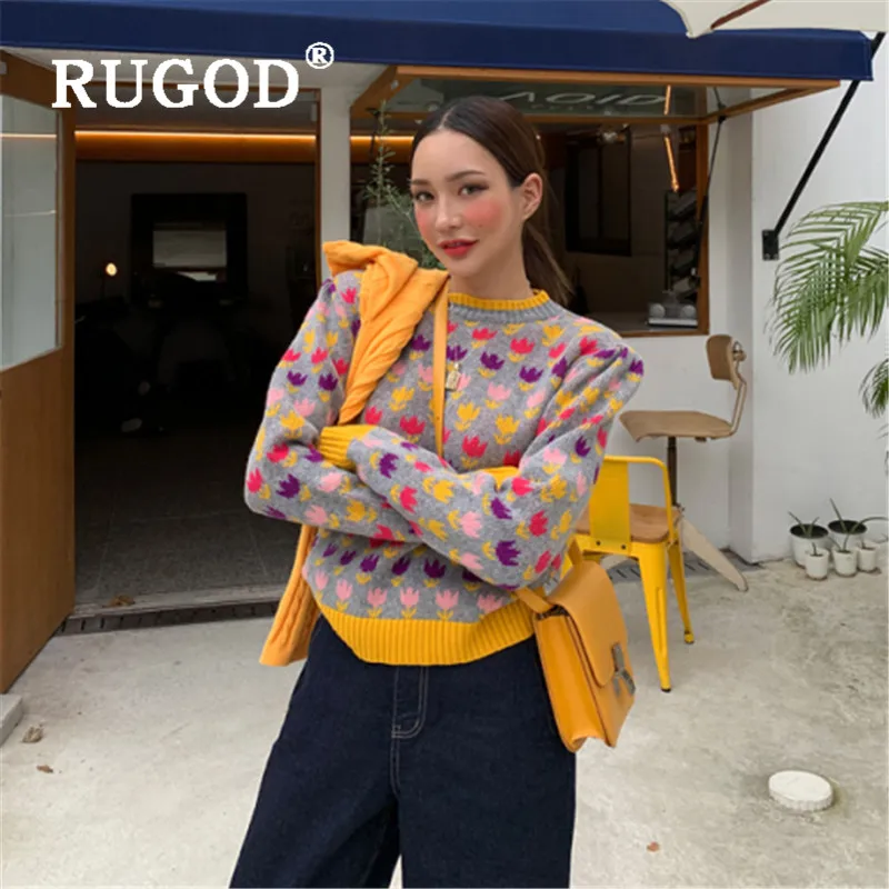 RUGOD, корейский стиль, цветочный принт, круглый вырез, вязаный свитер, милый пуловер, мода, зимние топы для женщин