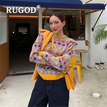 

RUGOD Korean New Style Flowers Printed O-neck Knitted Sweater Sweet Pullover Fashion 2019 Winter Tops For Women