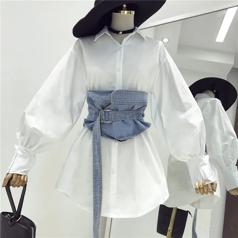 white Neploe, одноцветная, в полоску, с поясом, джинсовая, женская рубашка, однобортная, повседневная, свободная, топ,, осенняя, новая, модная, для девушек, рубашка 68986 - Цвет: white