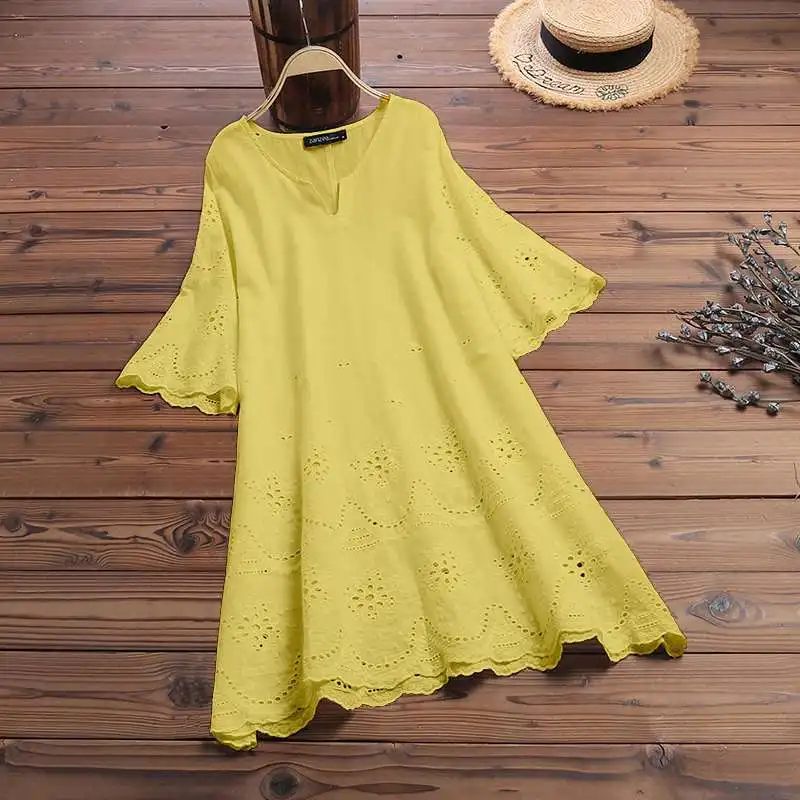 Летняя однотонная кружевная блузка с вышивкой ZANZEA, модные короткие платья, женская богемная рубашка с коротким рукавом, туника, женские блузки - Цвет: Цвет: желтый