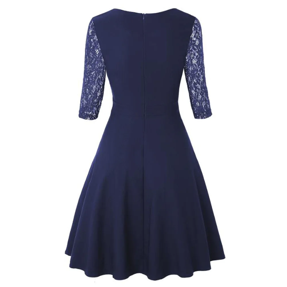 Summer Elegant Office Women Dress Square Collar 3/4 Sleeve Vintage Floral Lace Swing Dress Black Business Work Dress Vestidos