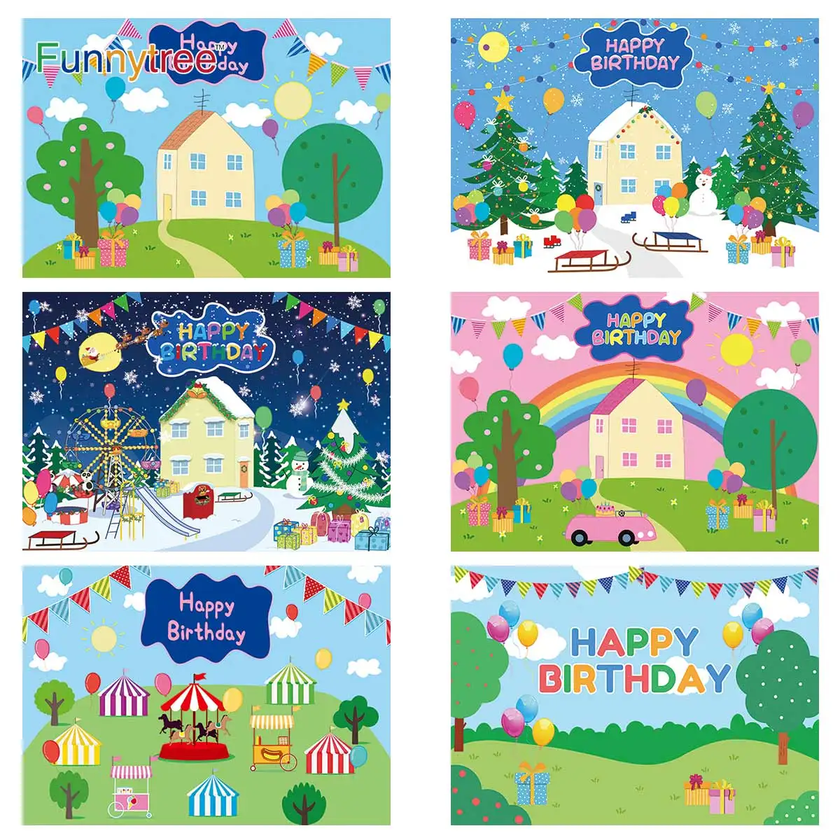 Funnytree Birthday Background Cartoon Pig Baby Shower Party Blue Sky Tree Balloon Cloud Grass Kids Gift Backdrop Photo Banner