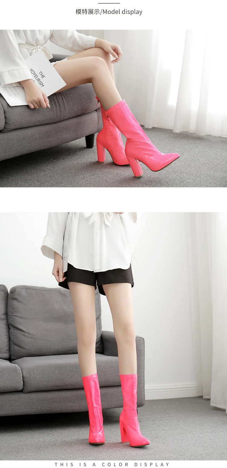 Women's Mid Calf Boots Leather Booties Round Toe Chunky Heel Zipper Female Shoes Luxury Designer Rubber High Heel Mid-Calf Ladi