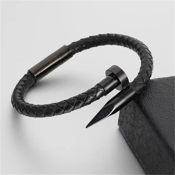 

High Quality Bracelet Men / Genuine Leather / Stainless Steel / Men Bracelet Charm Gold Nail Handmade Men Jewelry Erkek Bileklik