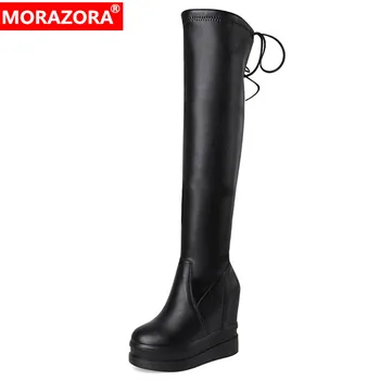 

MORAZORA 2020 new arrival women knee high boots genuine leather shoes round toe wedges platform boots woman party prom shoes
