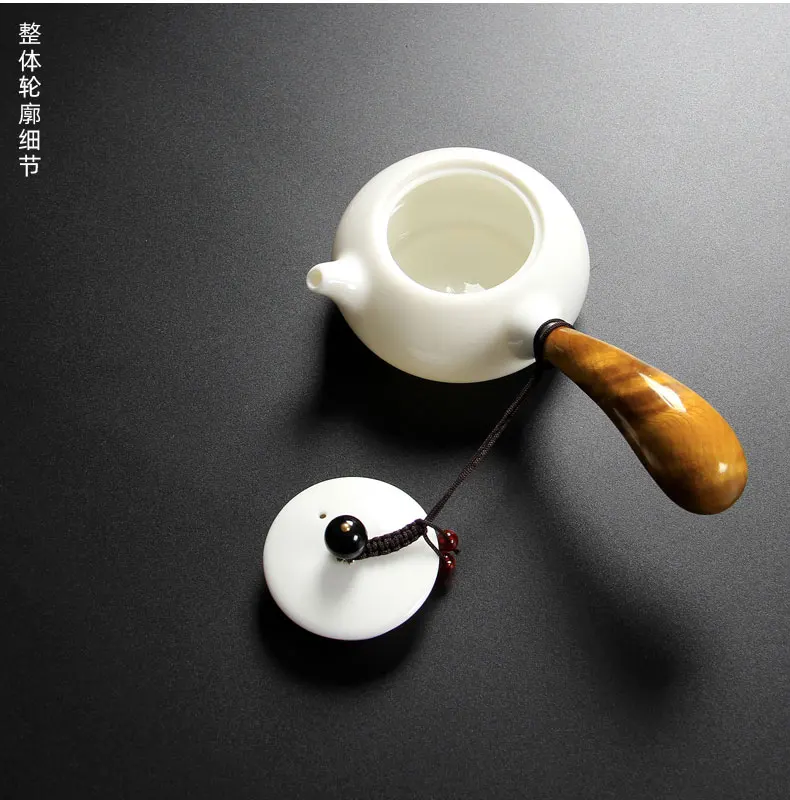 Белая фарфоровая деревянная ручка Боковая ручка чайный горшок керамика чайный набор костюм анти-скальдинг из нефрита и фарфора одна кружка, сосуды для питья дома