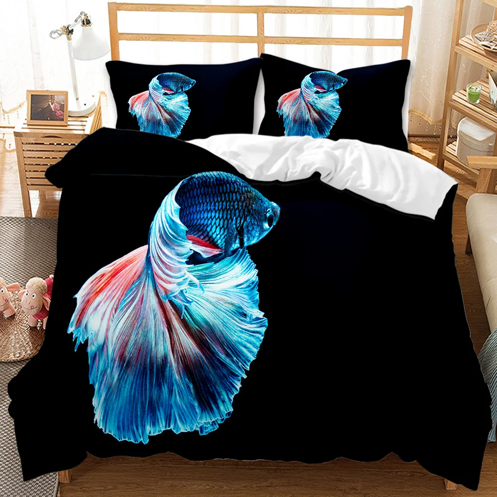 Goldfish Fish Bedding Set,Blue Sea Animal Design Duvet Cover,Bed Cover Set King
