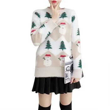 

Autumn And Winter New Imitation Velvet Printed Christmas Snowman Sweater Round Neck Loose Women's Sweater
