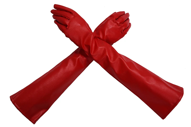 Пара стильных красных однотонных длинных перчаток из искусственной кожи для женщин