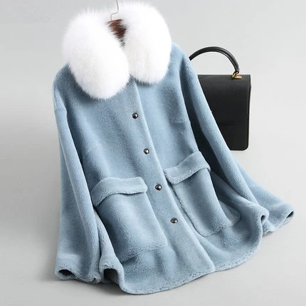 Blue Натуральная оторочка из овечьей шерсти пальто воротник из натурального Лисьего меха зимняя куртка из натурального меха женская элегантная синяя Толстая теплая короткое пальто - Цвет: Blue