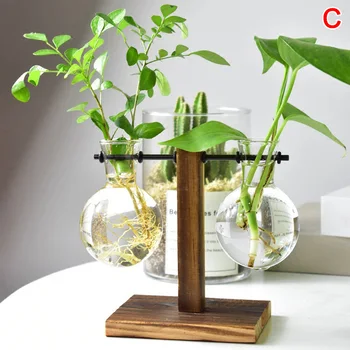 

Table Desk Bulb Glass Hydroponic Vase Flower Plant Pot with Wooden Tray Office Decor E2S