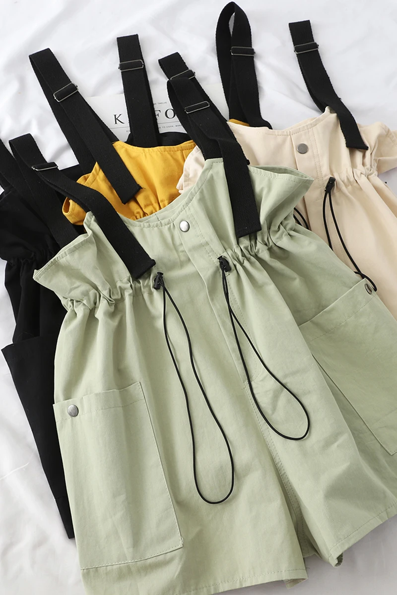 Overalls Female Rompers Adjustable Drawstring Playsuits Button Rompers Elastic Waist Lady 2020 Summer Fashion Playsuits  G1720