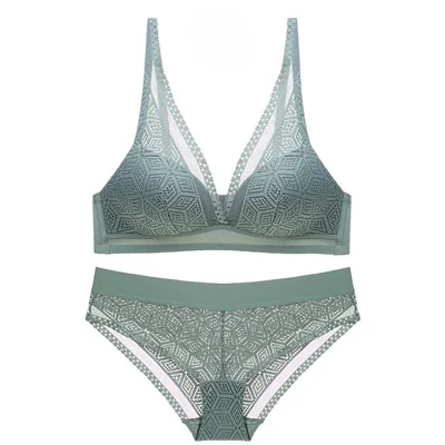 Fashion Underwear Sets Women Sexy Lace Bra Panties Ladies Female 70-85 BC cup Size Lingerie Set wire free Bralette Bras Briefs - Цвет: Зеленый