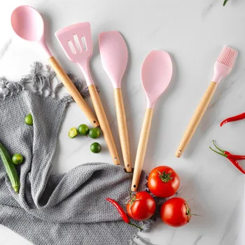 

9Pcs/Set Pink Wood Hand Silicone Cooking Utensil Kitchen Tools Funnel, Shovel, Spoon, Food Clip, Oil Brush, Spatula, Egg Beater