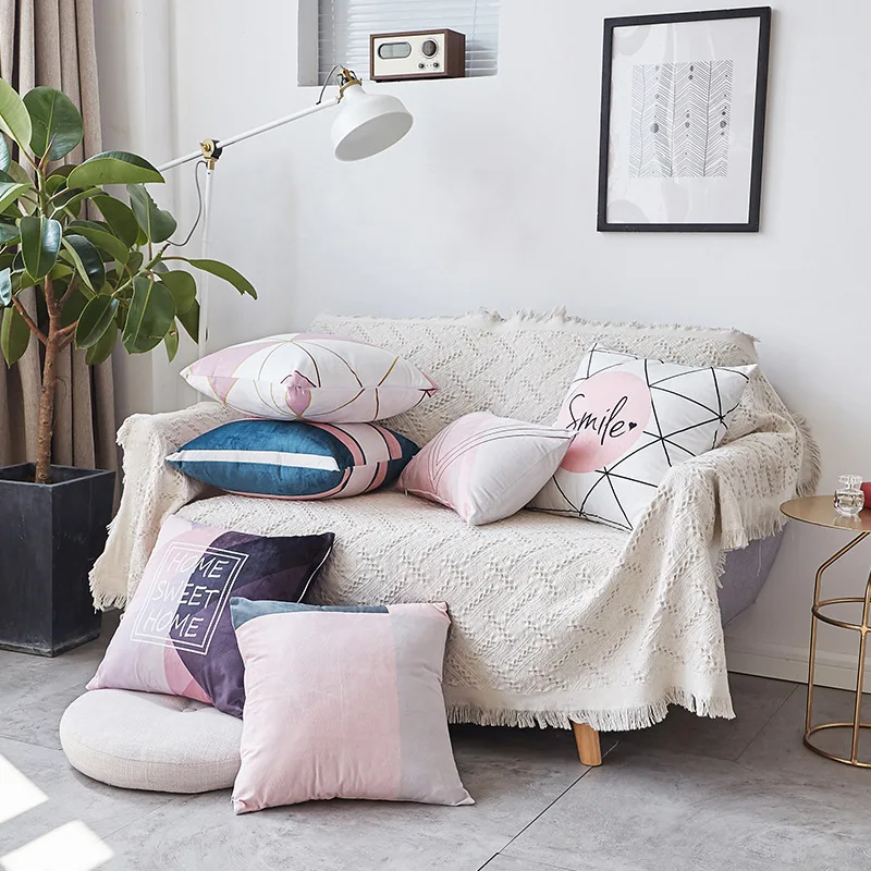

Simple Nordic Style Pillow Case Geometry Velvet Pillow Sofa Cushion Home Decoration Pink Printed Pillow For Sofa Bed Living Room