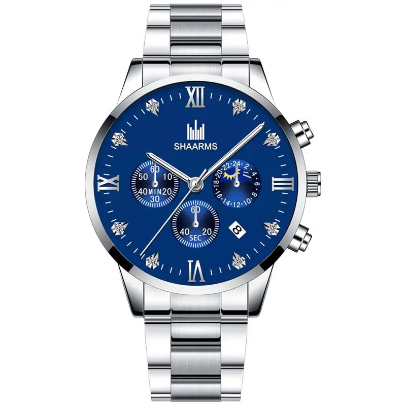 Shaarms Mens Watches Luxury Alloy Case Roman Numeral Display Date Dial Quartz Wristwatch Casual Business Watch Man Clock - Цвет: Silver Blue