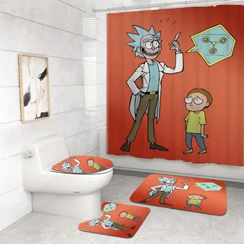 

Waterproof Bath Screen with Hooks Rick and Morty Cartoon Kids Bathroom Set 4 Piece with Rug Mats Set Toilet Cover for Teens