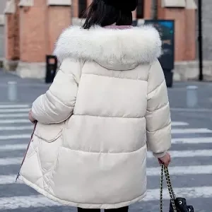 Новое поступление, женская зимняя одежда, теплое плотное зимнее Свободное пальто с меховым капюшоном, длинная пуховая куртка, пуховик, сплошной цвет - Цвет: white fur