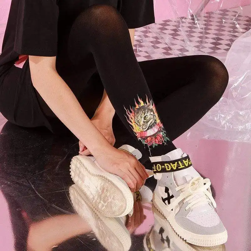 Harajuku/колготки с принтом кота и пламени