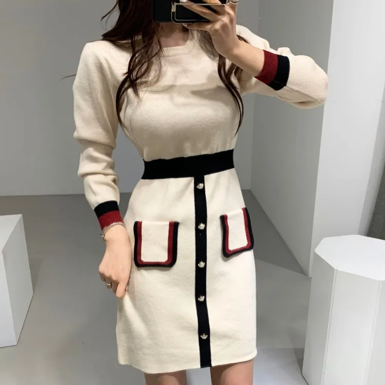 

2019 Autumn And Winter South Korea CHIC Retro Graceful Elegant Contrast Color Fake Pocket Knit Slim Fit Sheath Dress Women's