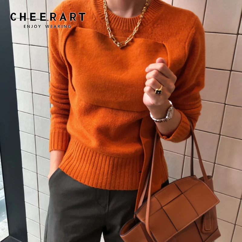 CHEERART оранжевый свитер женские пуловеры зимние вязаные Джемперы лоскутный