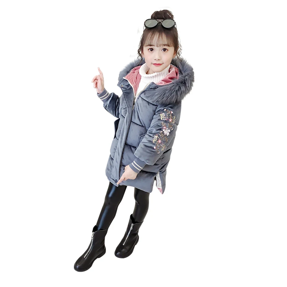 Новое пальто для девочек; пальто для девочек с цветочной вышивкой; куртки-пуховики для девочек в полоску с трикотажными манжетами; зимняя модная бархатная одежда для девочек - Цвет: As Picture